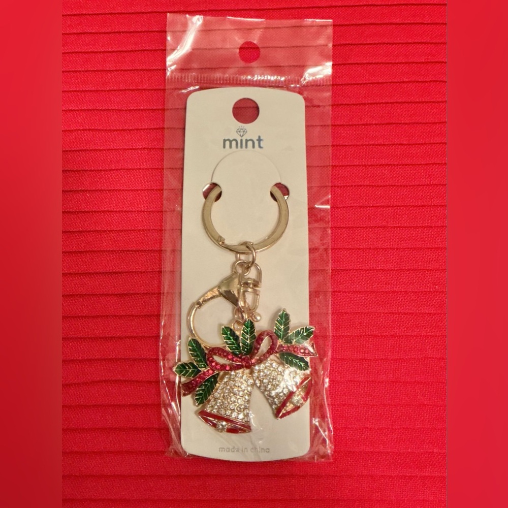 Sparkly Holiday Bells Santa Claus Ribbon Keychain Bag Chain